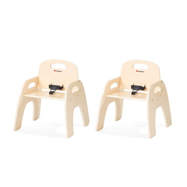 Foundations Simple Sitter 11” Low Wood Feeding Chairs, stackable toddler chairs crafted from Baltic Birch plywood with food-service grade finish, designed for childcare and feeding environments. Sold in a 2-pack, each chair includes an adjustable harness, a wide no-tip base, and side handles for easy transport.