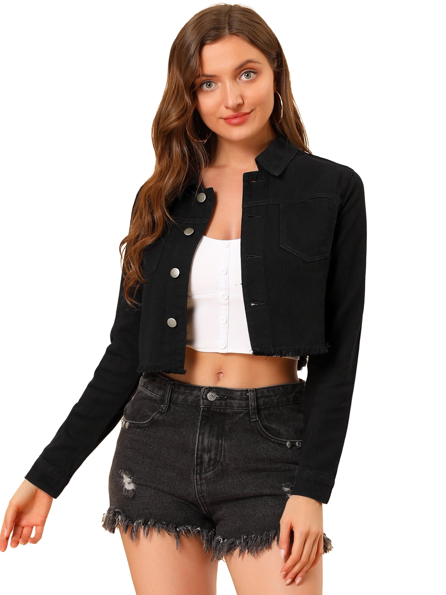 INSPIRE CHIC Veste en Denim Courte Délavée pour Femmes à Ourlet Effiloché, Boutonnée, Manches Longues