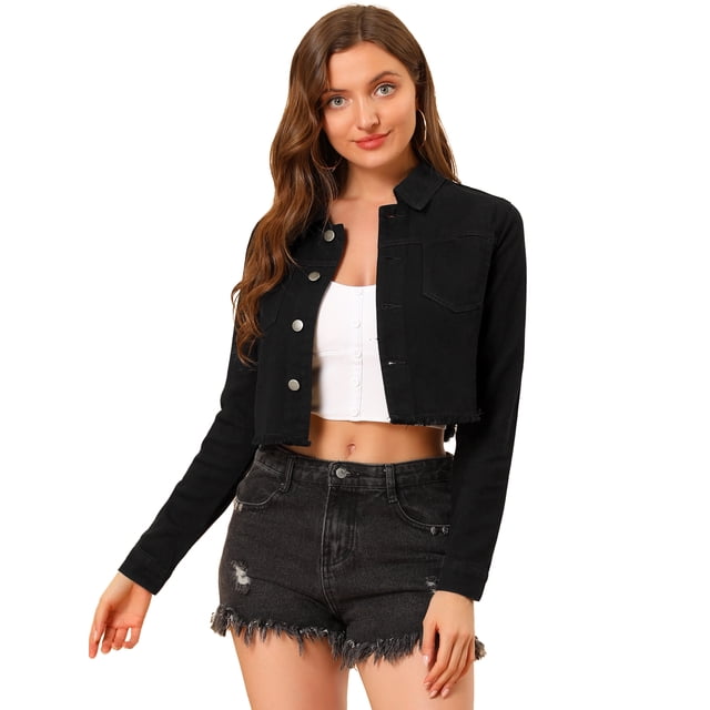 INSPIRE CHIC Women's Frayed Hem Button up Long Sleeve Washed Cropped Denim Jacket