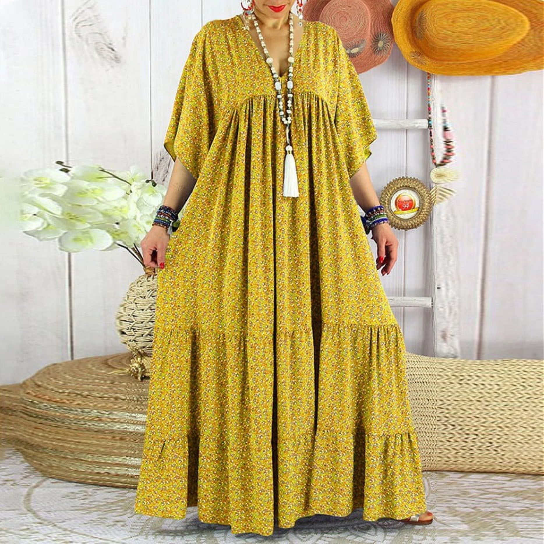 Fshaion Robe d'Été pour Femmes 2024 Grande Taille Robe Décontractée Col en V Manches 3/4 Ample Coton Fluide Boho Robes d'Été Liquidation à Moins de 10!