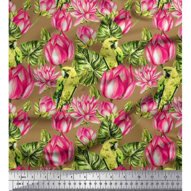 Soimoi Poly Georgette Fabric Parrot,Leaves & Lotus Floral Print Fabric by Yard 42 Inch Wide