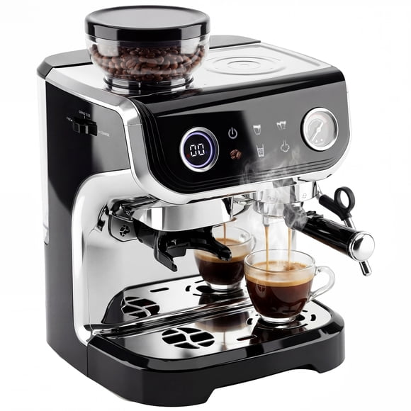 HOMCOM Machine à Espresso avec Broyeur Intégré Buse Vapeur pour Mousser le Lait Noir