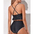 thumbnail image 3 of Women Two Piece Swimsuits High Waisted Ruffle Flounce Bikini V Neck Tummy Control Bathing Suit Solid Black (M, 3 of 6