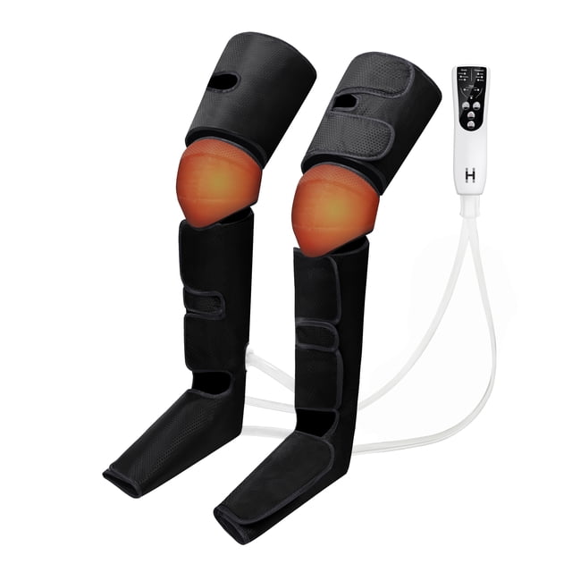 Homedics Full Leg Recovery Air Compression System with Heat, featuring black full-leg compression sleeves with three independent zones for targeted therapy. The system includes a corded controller for adjusting three air pressure levels, three massage modes, and integrated heat therapy focused on the knee area. Designed to relieve muscle pain, reduce stiffness, and enhance circulation, it is suitable for athletic recovery or everyday use. The image shows the compression sleeves with visible heat zones at the knees and a connected controller.
