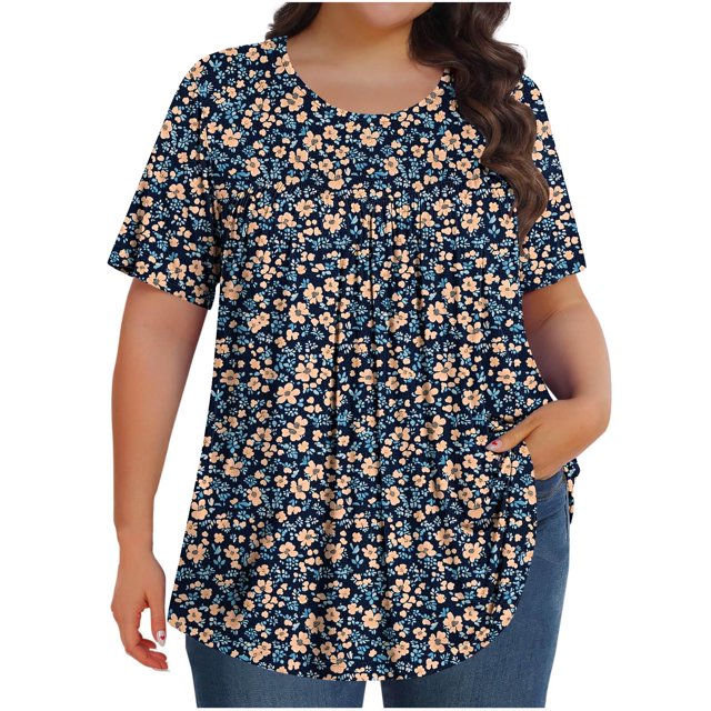 Pisexur Hauts de Printemps pour Femmes Blouses pour Femmes Chic Décontracté Mode pour Femmes Imprimé Col Rond Manches Courtes Plissé Ample Haut Multicolore,5TG