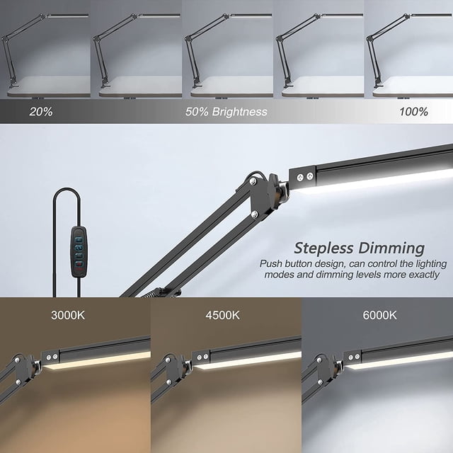 Swing Arm Lamp, LED desk lamp with clamp featuring a modern architect design. The lamp has a flexible 3-point adjustable swing arm and swiveled shade for directional lighting. It includes stepless dimming, adjustable color temperatures from 3000K to 6000K, and a memory function. The compact clamp allows for space-saving mounting on desks or shelves, while the energy-efficient 98 LEDs provide flicker-free, eye-care lighting suitable for reading, working, or crafting.