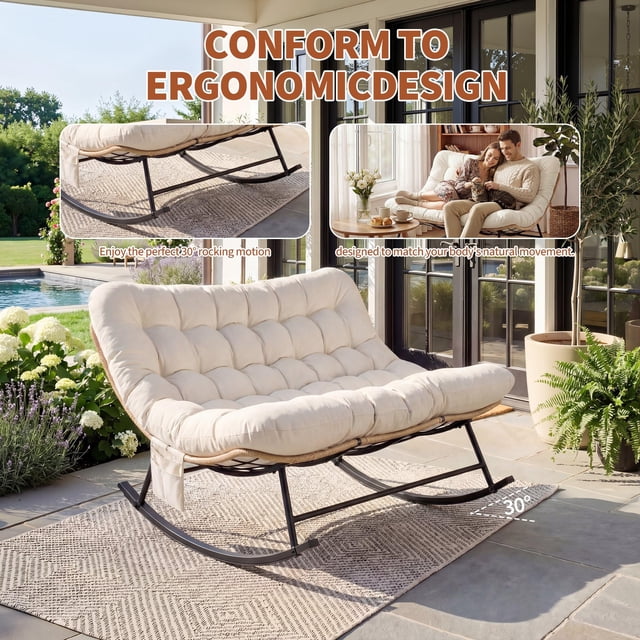 Indoor Outdoor Patio Rocking Glider Chair – 450 lbs Capacity – Weather-Resistant Rattan, UV-Proof Cushion & soft Toy Fleece Upholstery – Sturdy Rubber Wood & Reinforced Steel Frame