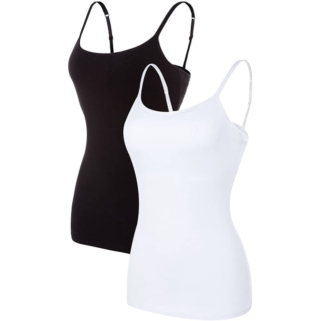 Charmo camisole Basique pour Femme à Bretelles Spaghetti Ajustables avec Soutien-Gorge Intégré, Lot de 2, Comprenant une camisole Noire et une camisole Blanche. Ces Débardeurs en Mélange de Coton Incluent des Bretelles Spaghetti Ajustables, un Soutien-Gorge Intégré avec Bande Élastique pour le Soutien, et une Encolure Dégagée. Conçus pour le Confort et la Polyvalence, Ils Peuvent Être Portés Seuls Ou Superposés sous les Vêtements. Offerts en Plusieurs Tailles.