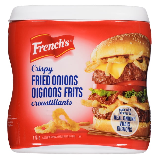 French's Crunchy Toppers Onions 170g container with red and white packaging featuring crispy fried onions and a cheeseburger topped with crunchy onion toppings, made with real onions, ideal for adding texture to salads, casseroles, and burgers.