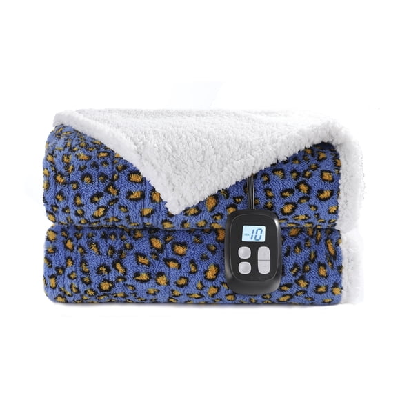 SUNNY HEAT Heated Electric Blanket Full Size 72'' x 84'' 6 Heating Levels & 1-10 Hours Auto Off, Leopard Blue & Yellow