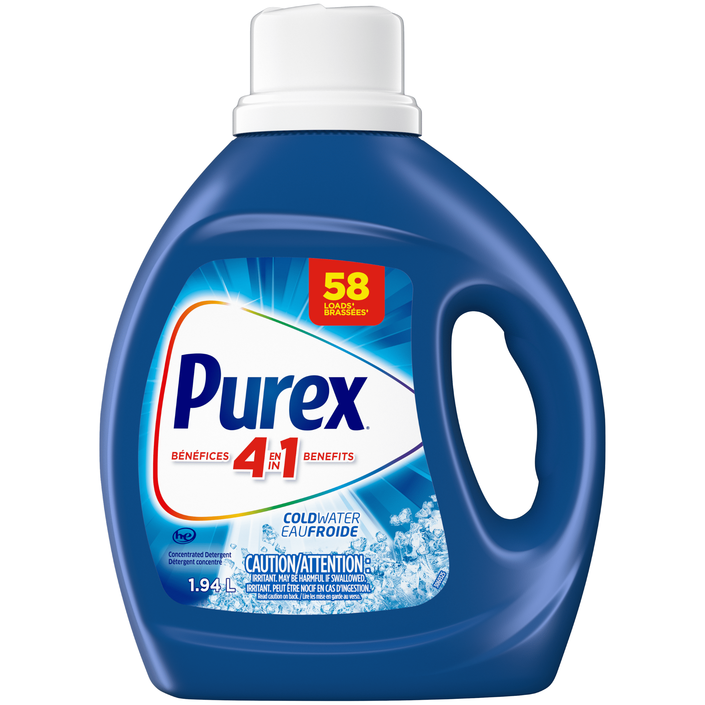Détergent à lessive liquide concentré avec bénéfices 4-en-1, Purex Eau froide, puissant contre les taches, ravive et blanchit les vêtements, 1,94 L, 58 brassées, compatible avec les laveuses HE