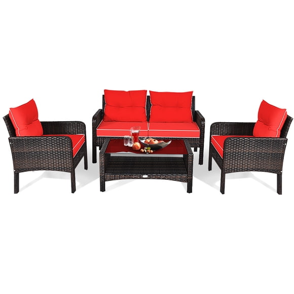 Patiojoy Ensemble de Conversation de Patio 4 Pcs en Rotin Osier Causeuse Canapé Table Basse et Dessus en Verre Coussins Rouges