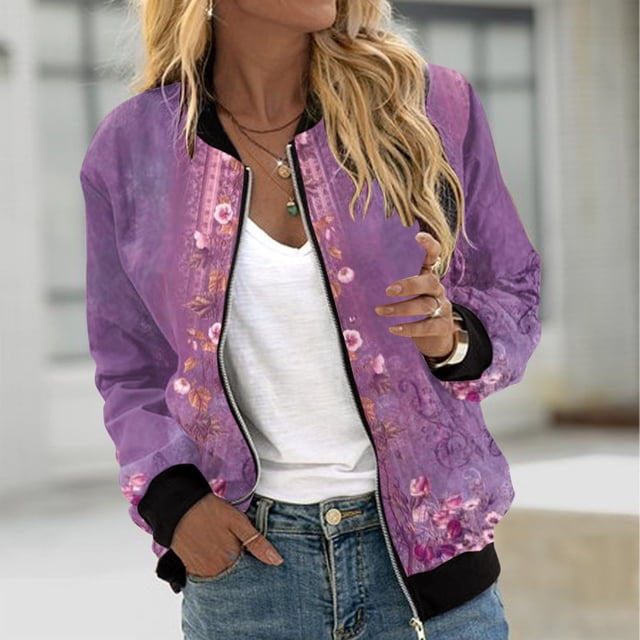 EQWLJWE Liquidation d'Économies d'Été! Veste Bomber de Baseball Zippée à Poches Imprimées Décontractée pour Femmes, Manteau