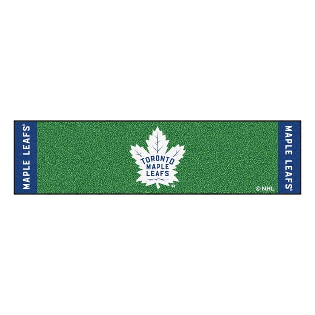NHL - Toronto Maple Leafs Putting Green Mat 18"x72" with a green textured putting surface featuring a white Toronto Maple Leafs logo centered, blue end borders with 'MAPLE LEAFS' text, durable vinyl backing to keep mat in place, suitable for golf putting practice and doubles as a runner.