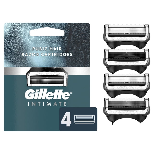 Gillette Intimate Pubic Hair Razor Cartridges pack containing four replacement cartridges with five anti-friction blades and lubrication strips, designed for gentle shaving below the waist and contour adaptation with Flexball technology.