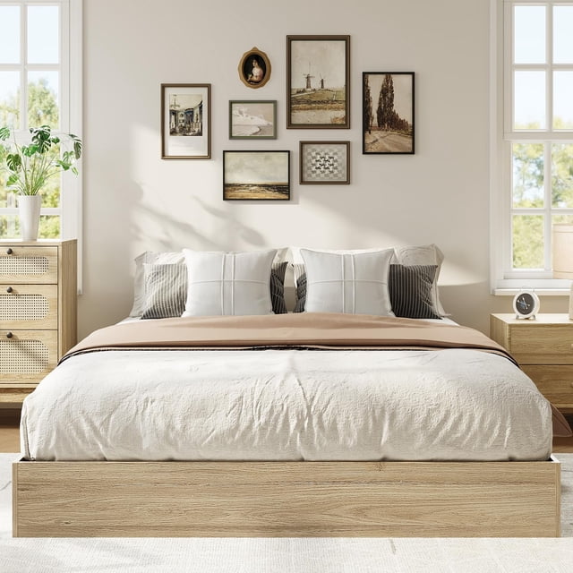 Yiwa Wooden Platform Bed Frame, Twin/Full/Queen/King, Sturdy Slats, Simple Floor Bed, No Box Spring Required
