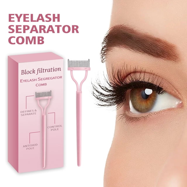 SYS Eyelash Filter Separator Comb designed to separate eyelash clumps and curl eyelashes. The image shows a pink eyelash comb with fine metal teeth, alongside its packaging labeled 'Block Filtration Eyelash Segregator Comb.' The comb is displayed next to a close-up of an eye with long, curled lashes, demonstrating its use. Ideal for achieving thicker, clump-free lashes and compatible with various lash types.