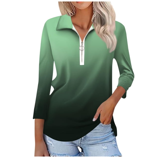 T-shirts pour Femmes Mode Féminine T-Shirt Imprimé Manches 3/4 Blouse Col Rabattu Décontracté