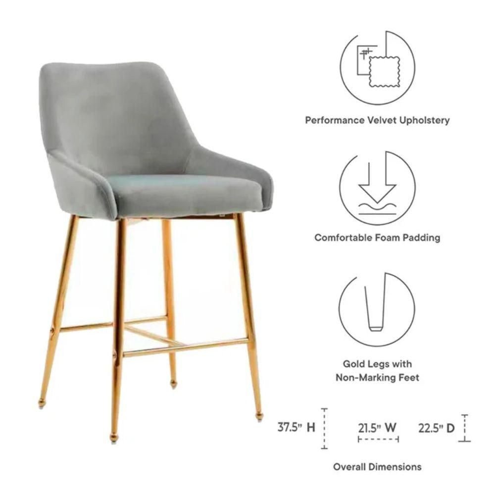 Heavenly Collection Ensemble de 3 Tabourets de Comptoir Modernes en Velours Gris - Tabourets Rembourrés Mid-Century avec Pieds Dorés - Idéal pour Îlots de Cuisine
