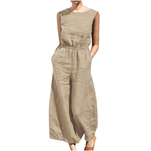 Yuyuzo Women Cotton Linen Jumpsuits Summer One-Piece Outfits Short Sleeve Wide Leg Long Pants Rompers