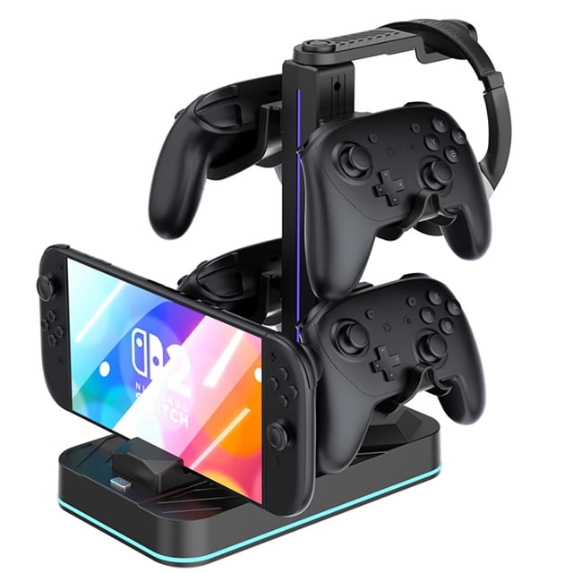 Station de Recharge pour Manettes de Jeu et Support pour Écouteurs - Compatible avec Nintendo Switch 2/PS5/Xbox Series - Étagère de Rangement