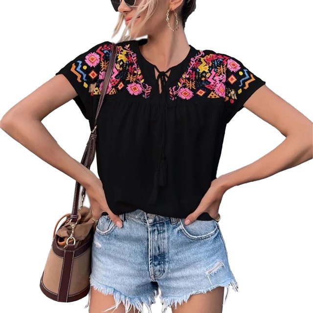 Chemise Décontractée à Manches Courtes pour Femmes, Blouse Brodée Vintage Col Rond pour Travail pour Bureau pour Magasinage