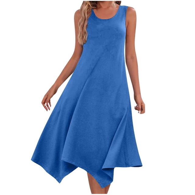 Yuyuzo Robe pour Femmes Sans Manches Décontractée Robe Débardeur Col Rond Robes de Plage Ourlet Irrégulier Robes Midi Fluides
