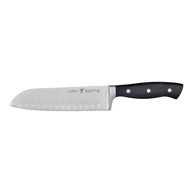 HENCKELS Fine Edge Forged II Couteau Santoku de 7 Pouces avec une Lame en Acier Inoxydable Présentant un design à Bord Ajouré pour Réduire l'Adhérence des Aliments. le Couteau a une Poignée Noire à Triple Rivetage avec une construction Pleine Soie pour la Durabilité et l'Équilibre. Idéal pour Couper la Viande, les Légumes et le Poisson, Il Comprend un Traversin Forgé pour un Poids Accru et une protection des Doigts.