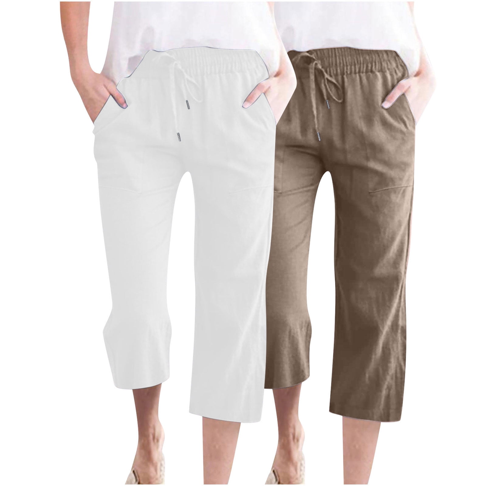 Timegard 2pc Capri Pants for Women Cotton Linen Elastic Waist Loose Lounge Crop Pants Pockets Solid Color