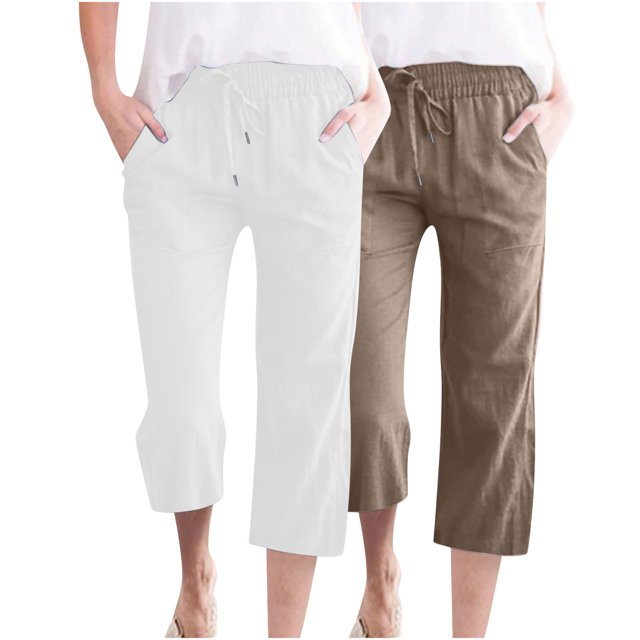 Timegard 2pc Capri Pants for Women Cotton Linen Elastic Waist Loose Lounge Crop Pants Pockets Solid Color