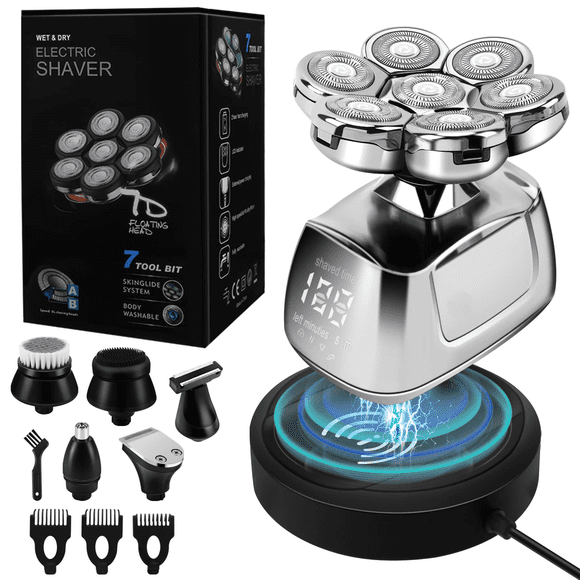 Rasoirs de Tête 6 en 1 pour Hommes Chauves Rasoir Électrique Rotatif Rasoir Sans Fil pour Hommes (7d)
