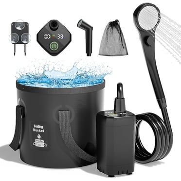 Douche de Camping Portable, Pompe de Douche Rechargeable 6000mah, Pommeau de Douche Filtré & Seau Pliable de 5 Gallons, Douche Extérieure pour Randonnée, Plage, Voyage, Bain pour Animaux, Lavage de Voiture, Surf & Nettoyage de Bateau