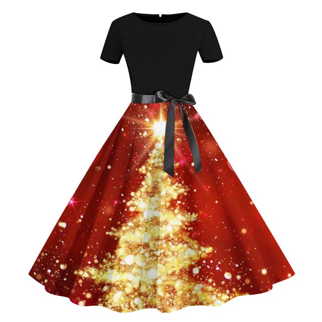 Jsaierl Robe de Noël pour Femmes à Manches Longues, Col en V, Plissée, Robes de Bal avec Ceinture, Robe Évasée 2024 pour l'Hiver, Vacances, Cocktail, Fête