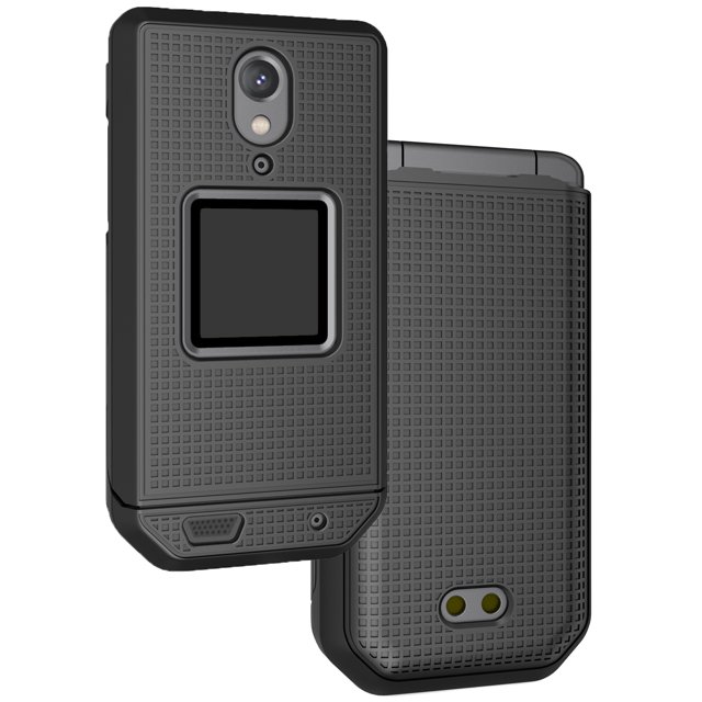 Case for CAT S22 Flip Phone by Nakedcellphone, featuring a slim hard shell protector cover in black with a grid-textured matte finish. The case is designed to snap onto the front and back panels of the phone, providing impact protection and shielding against dings, scuffs, and scratches. It includes precise cutouts for buttons, ports, camera, and speaker, allowing full functionality while the phone remains in the case. The exterior screen is recessed within an elevated trim for added protection. Made of durable polycarbonate with a powder coating for enhanced grip and fingerprint resistance. The slim form-fit design ensures minimal bulk, making it pocket-friendly.