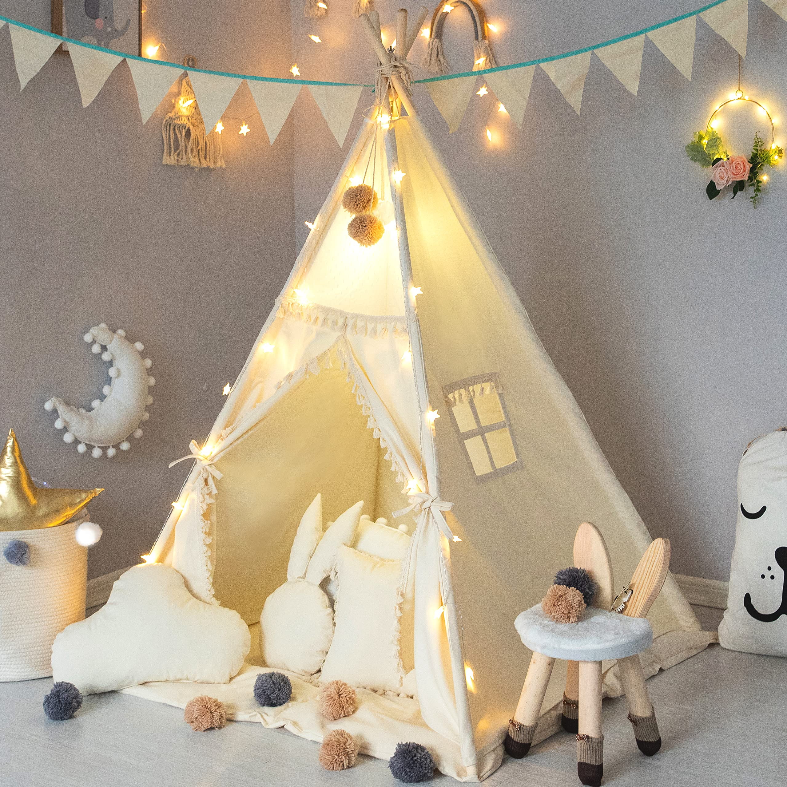 Tente tipi pour Enfants avec Tapis rembourré bannière Boule de Laine