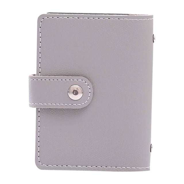 Kcavykas office stationery mini savings binder in a compact 4.5 x 3.5-inch size, made of PU leather in a neutral grey color. Features a snap-button closure and white stitching along the edges. Designed for managing pocket money, storing bank cards, and credit cards. Ideal for cash-stuffing beginners or as a personalized gift for savings challenges.