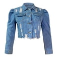 thumbnail image 4 of Veste en Denim pour Femmes, Courte, à Revers, Effilochée, à Boutons, à Manches Bouffantes, Coupe Ajustée, 4 of 6