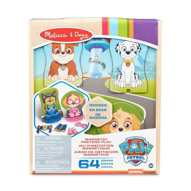 Melissa & Doug Paw Patrol Magnetic Pretend Play set with 64 wooden magnetic pieces including four PAW Patrol character figures and mix-and-match outfits, designed for imaginative magnetic block play and storytelling, shown in branded packaging with safety warnings.
