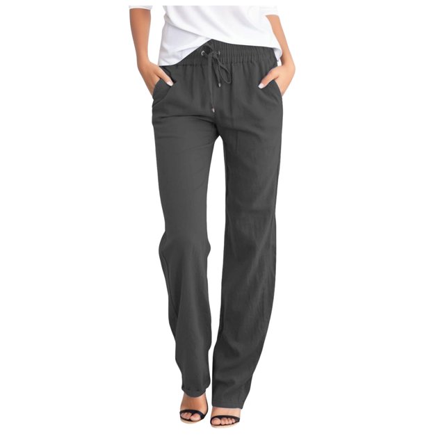 Bmisegm Women's High Waisted Solid Straight Pants with Elastic Drawstring and Pockets in grey, size XL. Made of lightweight polyester, these fashion pants feature a relaxed fit, drawstring waist, and functional side pockets. Ideal for women's bottoms, suitable for office, parties, or casual outings in all seasons.
