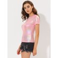 thumbnail image 3 of INSPIRE CHIC Women's Party Metallic Textured Short Sleeve Shiny Multicolor Top Light Pink XS, 3 of 5