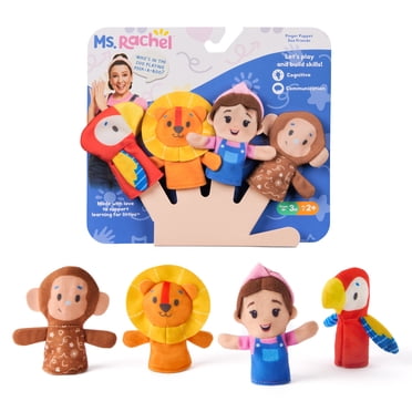 Ms. Rachel, Coffret de 4 marionnettes à doigts Les amis du zoo, lion, singe et perroquet, jouets éducatifs et marionnettes animales, jouets pour tout-petits pour filles et garçons de 6 mois à 2 ans et