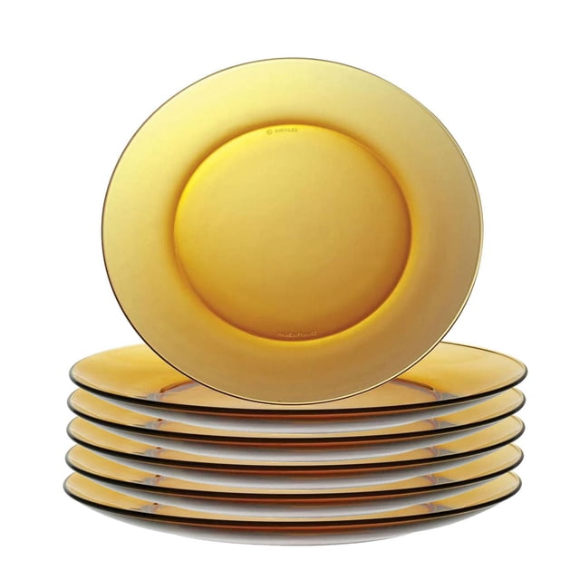 Duralex Lys Amber Plate 19cm, Set of 6, stacked amber glass plates with one plate upright, made of durable, non-porous glass resistant to thermal shock, dishwasher, freezer, and microwave safe, ideal for everyday dining and suitable for serving appetizers or desserts, made in France.