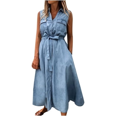 Penkiiy Femmes Décontracté Uni Sans Manches à Cordon Veste en Denim Jean Longues Robes Robes Maxi pour Femmes m Bleu Offre Été 2023