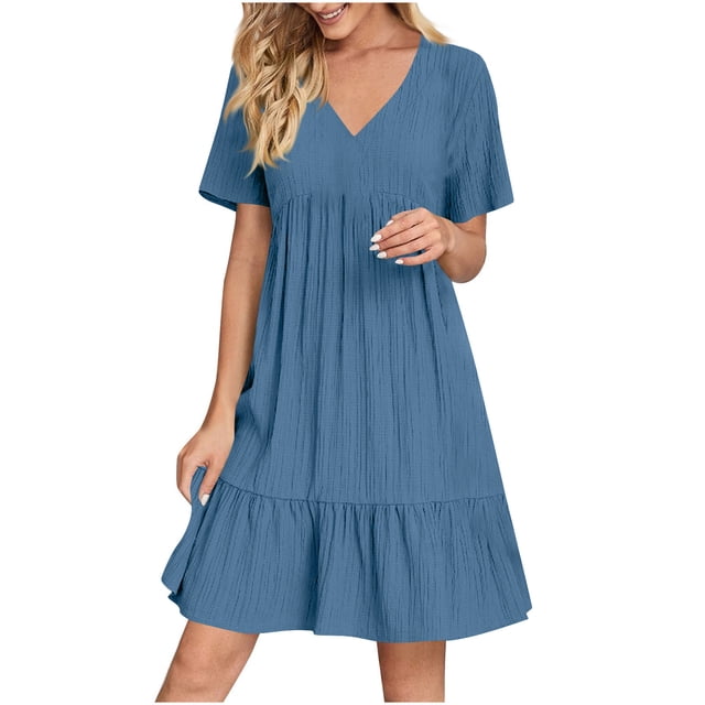 LOVZFMLL Robe d'Été pour Femme Décontractée Évasée à Manches Courtes, Col en V, à Étages, Ligne A, Fluide, Robe de Plage à Volants, Longueur Genou, Robe Soleil Bleu 5TG