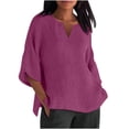 thumbnail image 1 of UPPADA Hauts pour Femmes Tendance Chemises à Manches 3/4 Habillées Décontractées Blouses en Lin Couleur Unie Col Ras du Cou Chandail d'Été Printemps Hauts, 1 of 5