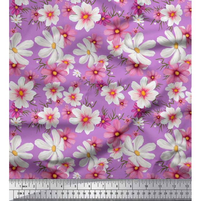 Soimoi Silk Fabric Cosmos Floral Print Fabric by The Yard 42 Inch Wide