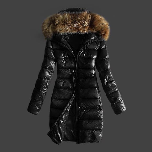 Meichang Puffer Jacket for Women with Faux Fur Hooded Petite Coat Long Sleeve Full Zip Up Down Jackets Casual Warm Winter Coats Casual Mid Length Outerwear Black M