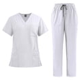 thumbnail image 1 of UPPADA Scrub Sets for Woman Solid Color V-Neck Short Sleeve Long Pants and Scrub Tops Nurse Uniform Soft Stretch Easy Care Women Tops Set with Pockets White,L, 1 of 2