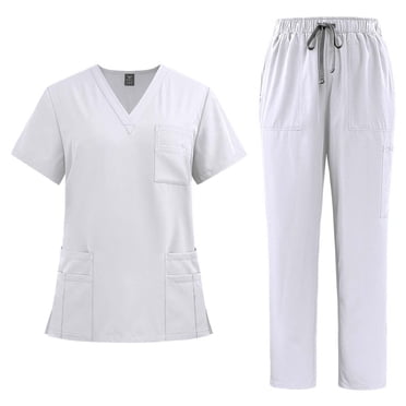 Amzcrzy Ensemble de Sarraus pour Femmes Couleur Unie Manches Courtes Col en V Hauts de Sarrau Pantalons de Sarrau Jogger pour Femmes Décontracté Confortable Surdimensionné Ensembles de Sarraus de Travail avec Poches