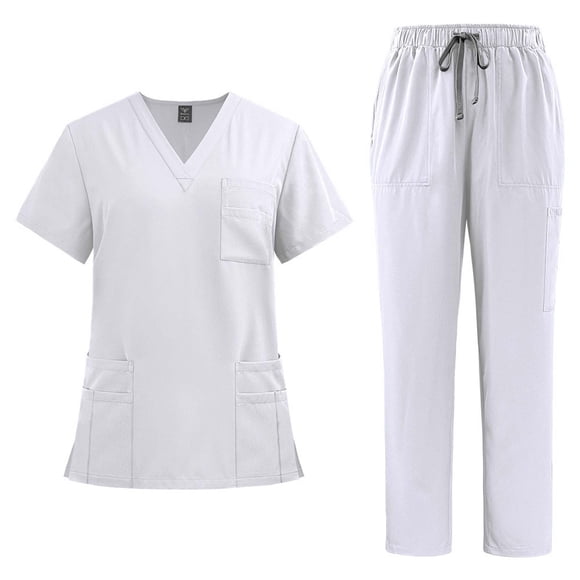 Amzcrzy Scrubs for Women Set Solid Color Short Sleeve V Neck Scrubs Tops Jogger Scrub Pants for Women Casual Cozy Oversized Work Scrubs Sets with Pockets